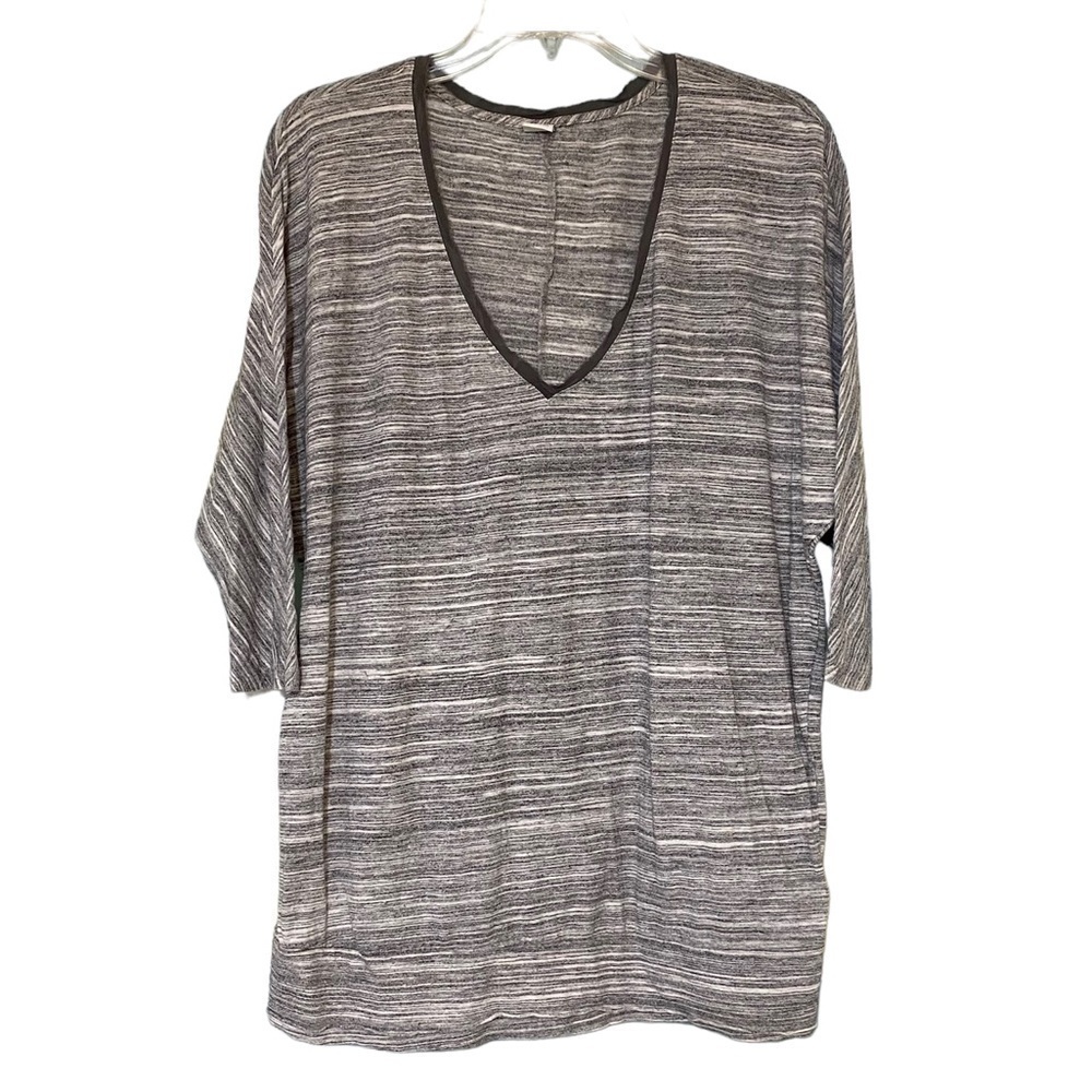Three Dots Heathered V-Neck Top Silk Trim Sz Large